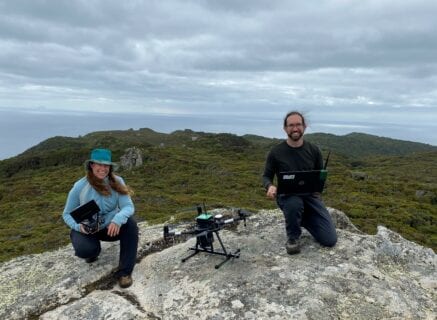 Debbie Saunders and Josh Bobruk from Wildlife Drones tracking kakapo