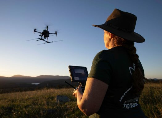 Dr Debbie Saunders drone pilot with her back to the camera holding a drone controller while a drone is up in the air